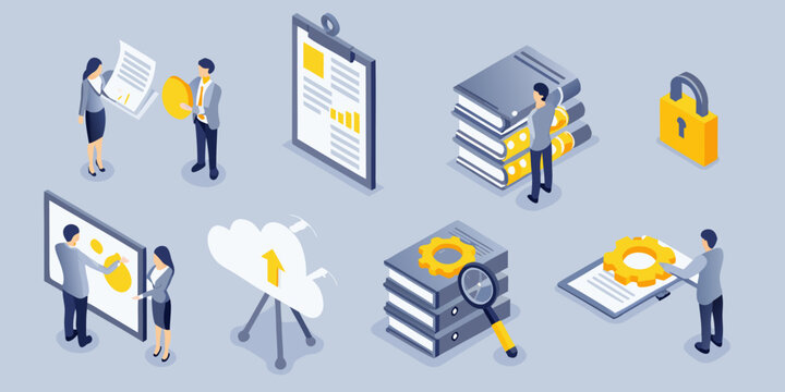 Isometric illustration depicting data analysis security and collaborative work