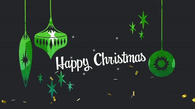 Animation of white text happy christmas, with gold confetti and hanging green decorations, on black