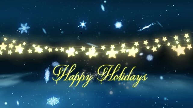 Animation of happy holidays text over snow falling and light spots