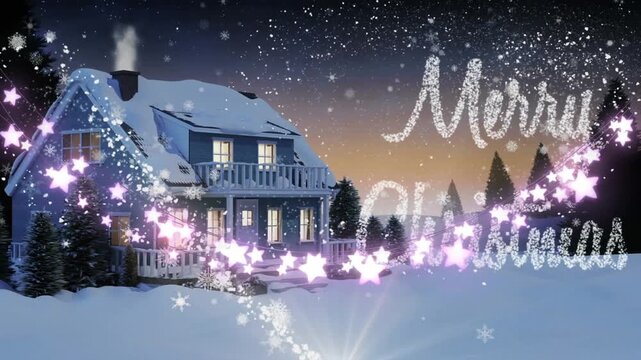 Star shaped fairy lights decoration against merry christmas text over house on winter landscape