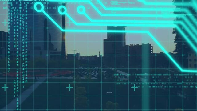 Animation of diverse data processing over integrated circuit and cityscape