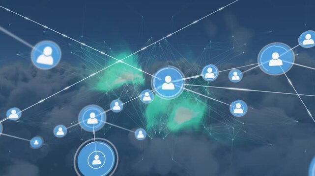 Animation of network of connections with people icons over sky and clouds