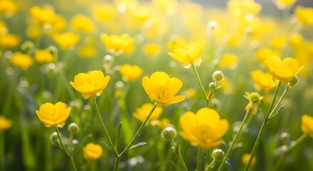 Fototapeta premium Close-up view of a yellow flower field with soft bokeh effect, capturing warmth and beauty of nature during spring.