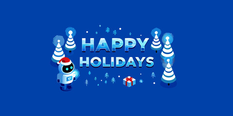 Festive illustration of a robot and christmas trees with holiday greetings © Pabitra
