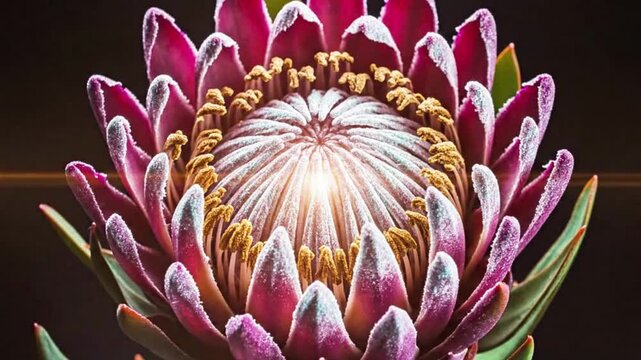 Geometric protea blooms rotating like sacred mandalas.