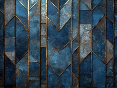 A close-up of a blue and gold geometric patterned wall with a metallic sheen