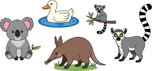 Cute animal vector set featuring koala, duck, lemur, aardvark and baby lemur cartoon wildlife illustration collection isolated © MdRazaul