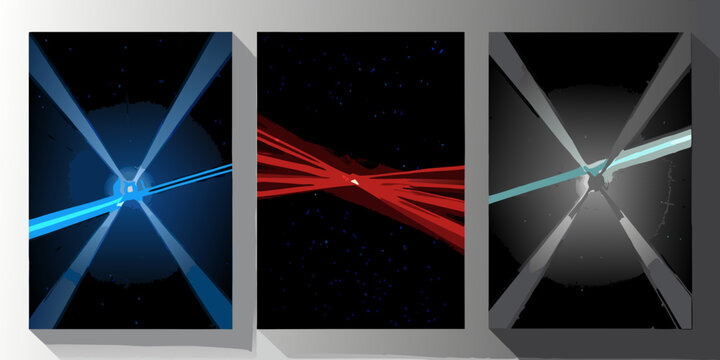 Abstract triptych featuring converging light streaks against a dark background