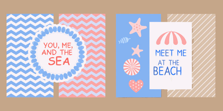 Colorful summer patterns with seaside themed text and illustrations