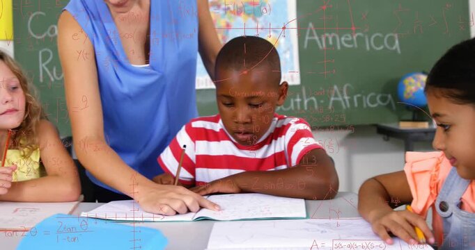 Animation of math formulas over happy caucasian female teacher and diverse children at school