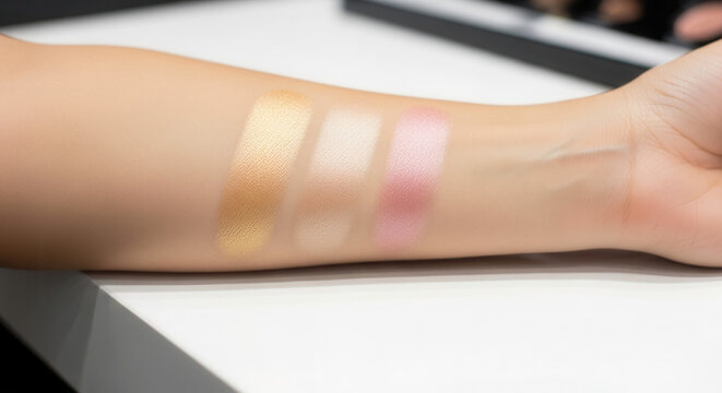 Highlighter swatch on forearm showcasing gold, champagne, and pink hues, cosmetic testing and beauty product selection
