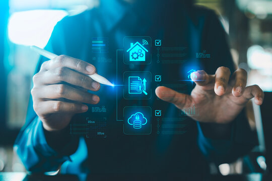 Smart real estate management automation workflow concept hands using stylus touching digital hologram cloud security data home family document icons, Proptech, system integration, database management
