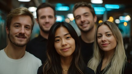 Fototapeta premium A diverse group of young professionals posing together in a warmly lit modern workspace environment