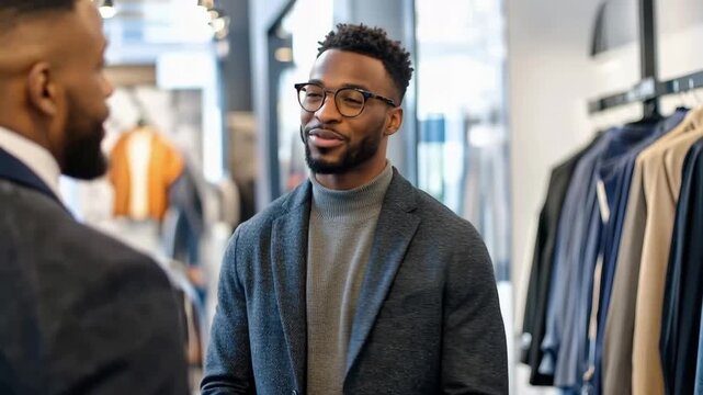 Modern Style Consultation: An elegant man, impeccably dressed, engages in a style consultation within a stylish store, discussing fashion choices with the attentive staff member.