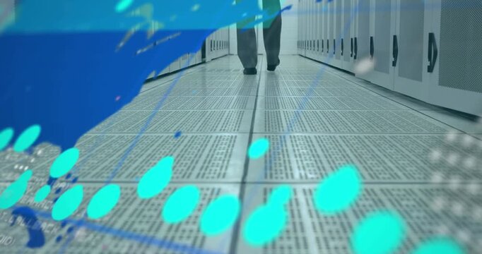 Animation of data processing and world map over businessman in server room