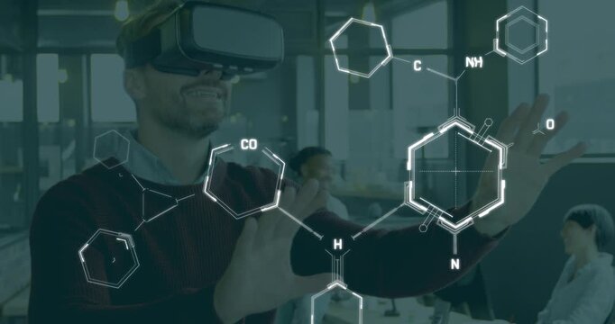 Animation of chemical formulas over caucasian men using vr headset