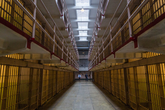 Interior cell block corridor inside historic Alcatraz prison San Francisco