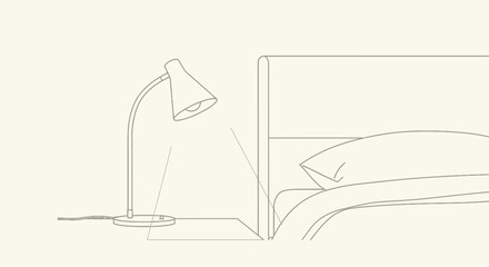 Fototapeta premium A minimalist line drawing depicts a bedside table with a lamp and a partially visible bed