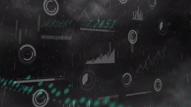 Animation of rain falling over data processing and globe