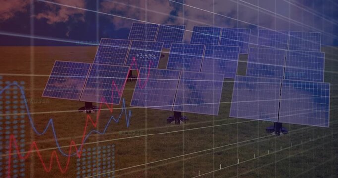Animation of data processing and solar panels over clouds