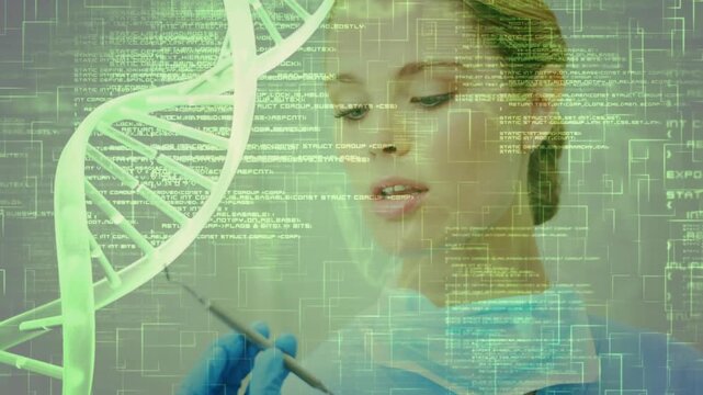 Animation loop of programming data and dna helix rotating over caucasian doctor checking thermometer