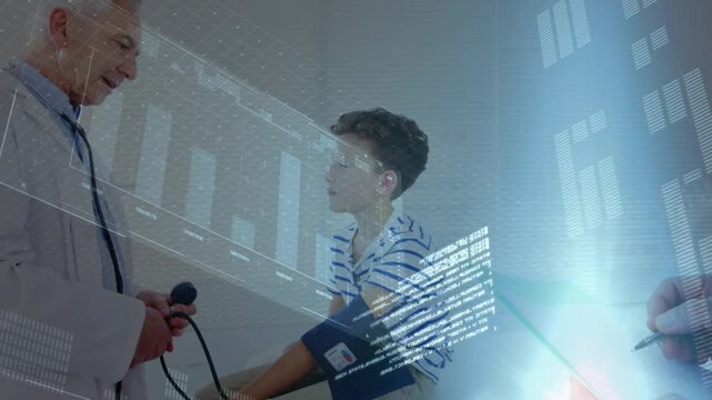 Animation of data processing with light trails over diverse doctor and patient