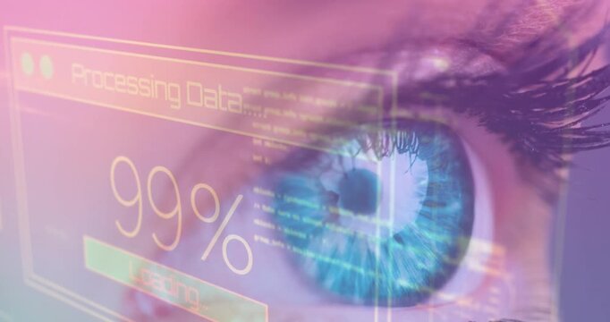 Animation of digital screen with data processing over eye of caucasian woman