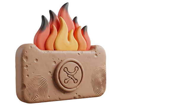 3D render of ancient stone block with fire flames archaic symbol and fingerprint clay texture in warm earthy tones