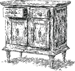 Fototapeta premium Vintage wooden cabinet with drawers and doors, classic antique furniture illustration
