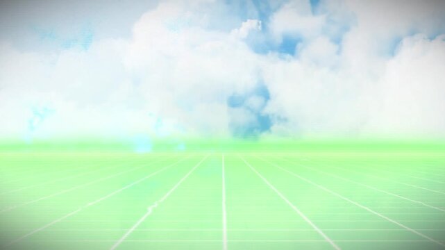 Animation of neon green grid network against clouds in the blue sky