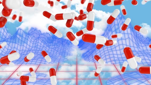 Animation of red and white capsules over 3d mountains against moving cloudy sky