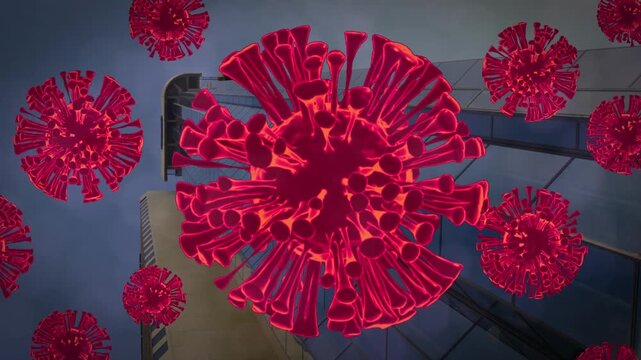 Animation of red coronavirus mutants over low angle view of building with clear sky
