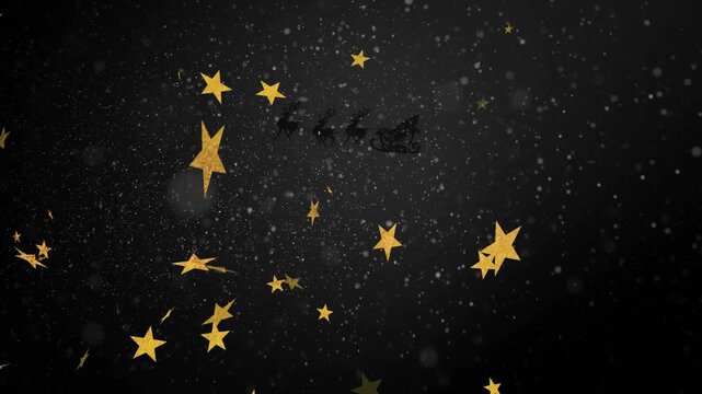 Animation of snow falling and santa claus in sleigh with reindeer over stars on black background