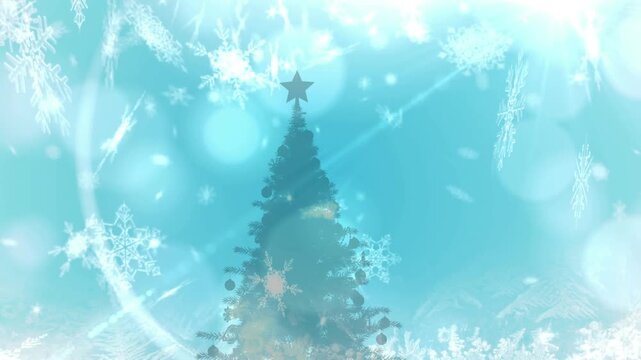 Animation of christmas snow falling over christmas decorations on blue background