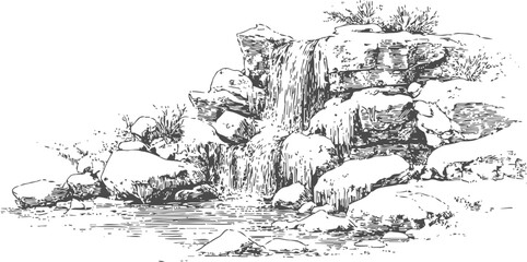 Obraz premium Illustration of a natural waterfall surrounded by rocks and foliage with water flowing into a pool