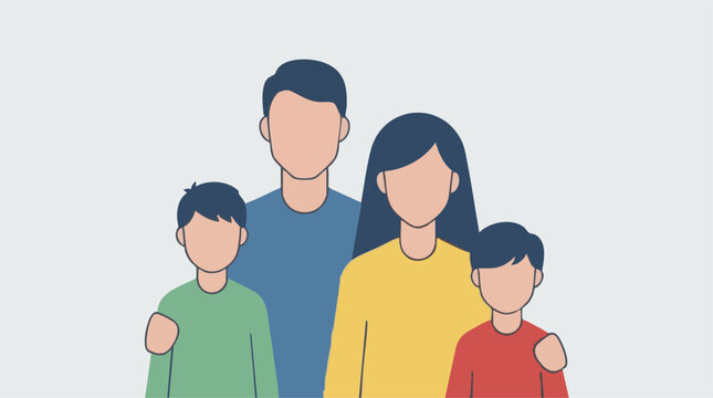 Minimalist illustration of a family of four with parents and two sons