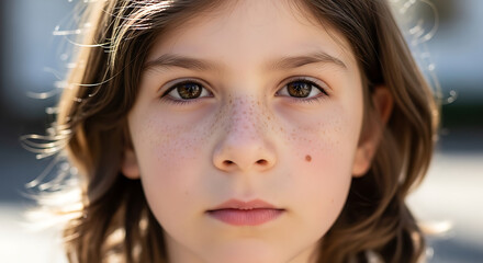 Fototapeta premium Close-up portrait of a young child with brown hair and freckles looking directly at the camera in natural light.