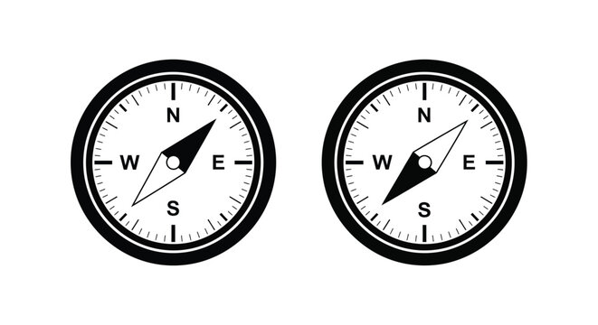 Two black and white compasses are displayed both pointing towards the northeast direction on a white background