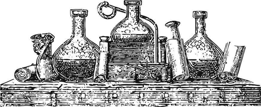 Vintage alchemy laboratory bottles and scrolls on wooden shelf hand drawn illustration