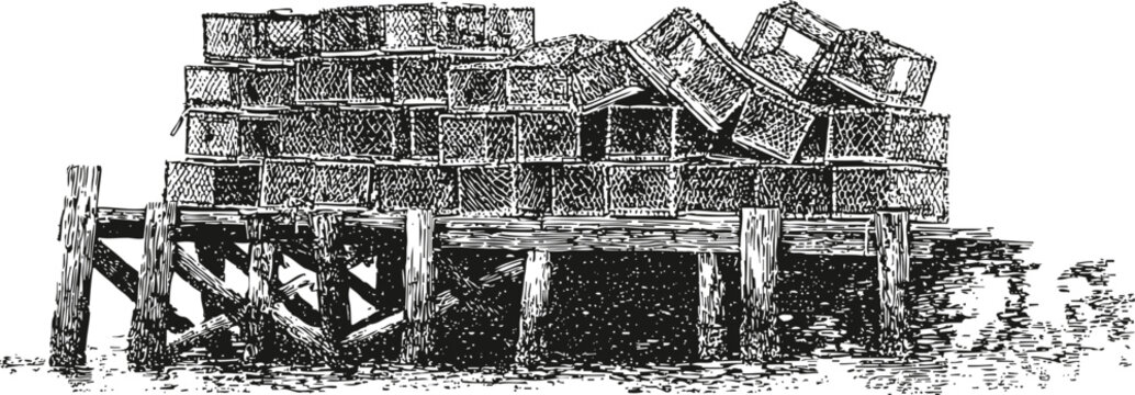 Wooden pier stacked with fishing crates, coastal dock structure with rustic timber and maritime equipment