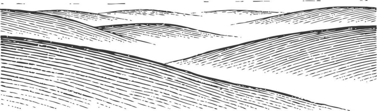 Vintage engraved illustration of rolling hills landscape with textured lines and patterns