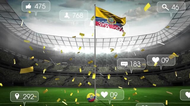 Animation of social media icons and confetti falling over waving ecuador flag and sports stadium