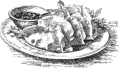Obraz premium Hand drawn illustration of crispy fried spring rolls served with dipping sauce on a plate
