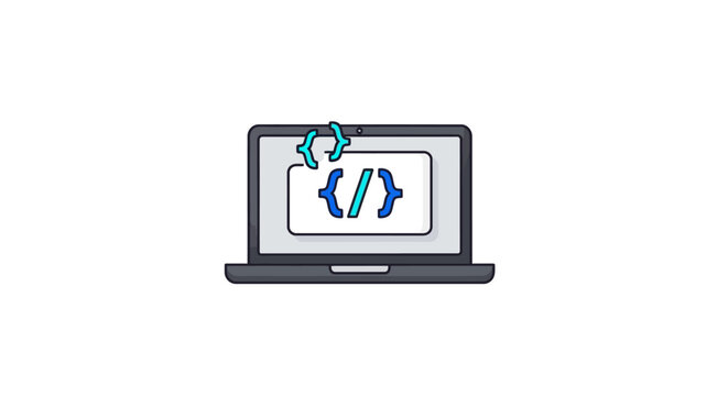 Laptop with coding symbols on screen.