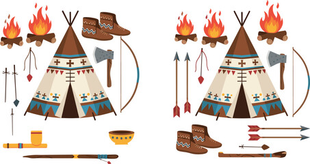 Native American Camp Icon Set Featuring Teepee, Fire, Arrows, Axes, and Camping Elements for Web and App Use © MdMojnu