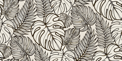 Intricate botanical illustration of monstera and fern leaves in a seamless pattern © Lalin
