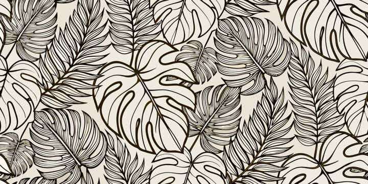 Intricate botanical illustration of monstera and fern leaves in a seamless pattern