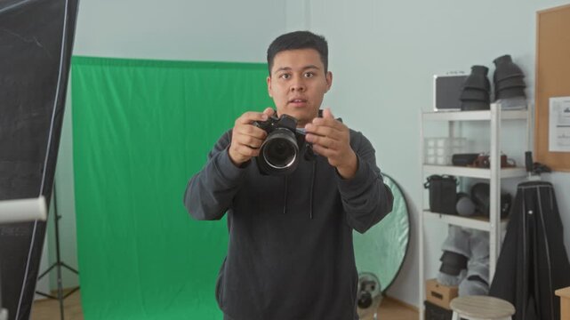 Man photographer holding camera and aiming lens forward in a photo studio with green backdrop and lighting gear visible; concentration craft practice.