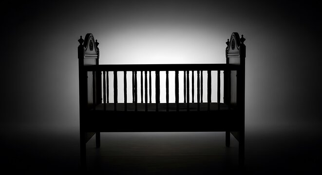 Silhouette of a dark wooden crib against a stark white backdrop, emanating shadow