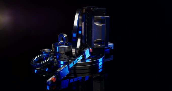 Group of various high-precision industrial components including ball bearings and linear guides with blue lighting